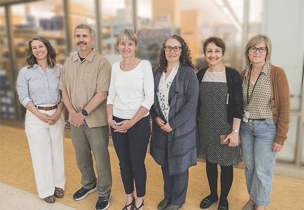 Members of the Ovarian Cancer research team. (l-r), Kinlock, Dr. DeCoteau, Dr. Hopkins, Andrea Hawrysh (genetic counselor), Dr. Bita Hashemi (medical geneticist) and Karen Mochoruk (Advanced Diagnostics Research Laboratory manager).